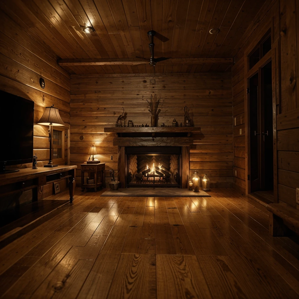 uma sala de estar, well lit, A cabin in the forest, wood accents, fireplace lit, pleasant environment, rain falling outside, ultrarealistic.