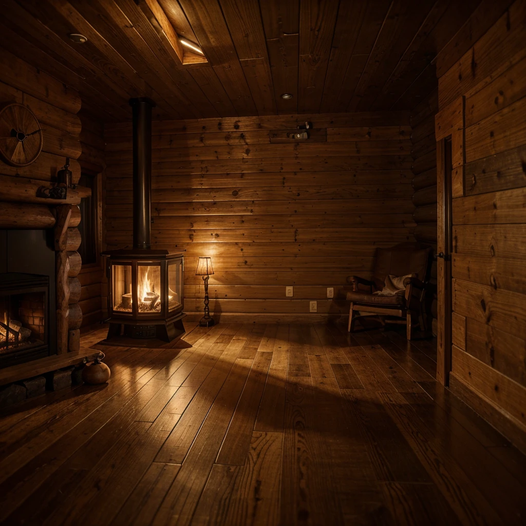 uma sala de estar, well lit, A cabin in the forest, wood accents, fireplace lit, pleasant environment, rain falling outside, ultrarealistic.