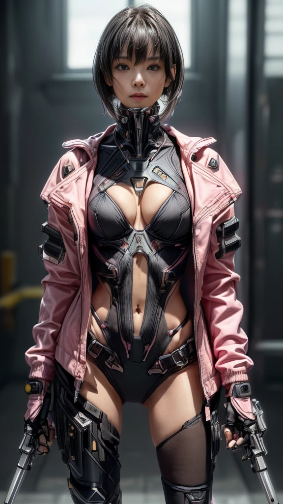 (Browsing Caution:1.1)、Very beautiful woman、((Too much exposed skin))、Slender women、(Detailed face)、Realistic Skin、((Delicate photo))，(Girl masterpiece RAW photo details:1.25), (Highest quality:1.6), (Ultra-high resolution:1.5), (Realistic:1.75), 8K resolution, Canon EOS R5, 50mm, Absurd, Super detailed,Cinema Lighting、One Girl, Gray Hair,((princess_cut))、smile、 Window Shades,((Super tight pink jacket coat)), Chest Rig, cyber punk, ((Techwear)),I can see your abs、Good top、((Big Breasts))、((The abdomen is visible))、(((Very subtle and futuristic design)))、Digging into the crotch、((logo))、((Characters on clothing))、((Micro size underwear))、((With the weapons of the future))、(((Asymmetrical Bangs Hair))