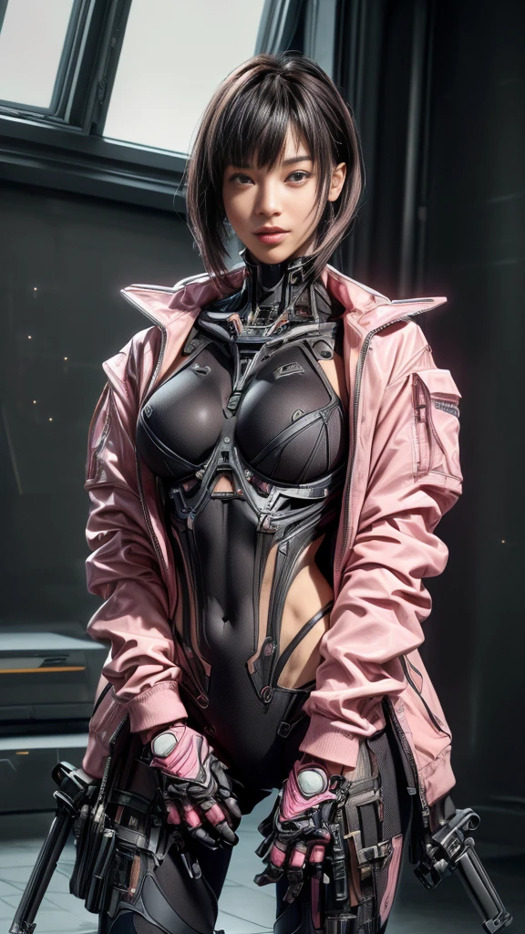 (Browsing Caution:1.1)、Very beautiful woman、((Too much exposed skin))、Slender women、(Detailed face)、Realistic Skin、((Delicate photo)),(Girl masterpiece RAW photo details:1.25), (Highest quality:1.6), (Ultra-high resolution:1.5), (Realistic:1.75), 8K resolution, Canon EOS R5, 50mm, Absurd, Super detailed,Cinema Lighting、One Girl, Gray Hair,((princess_cut))、smile、 Window Shades,((Super tight pink jacket coat)), Chest Rig, cyber punk, ((Techwear)),I can see your abs、Good top、((Big Breasts))、((The abdomen is visible))、(((Very subtle and futuristic design)))、Digging into the crotch、((logo))、((Characters on clothing))、((Micro size underwear))、((With the weapons of the future))、(((Asymmetrical Bangs Hair))