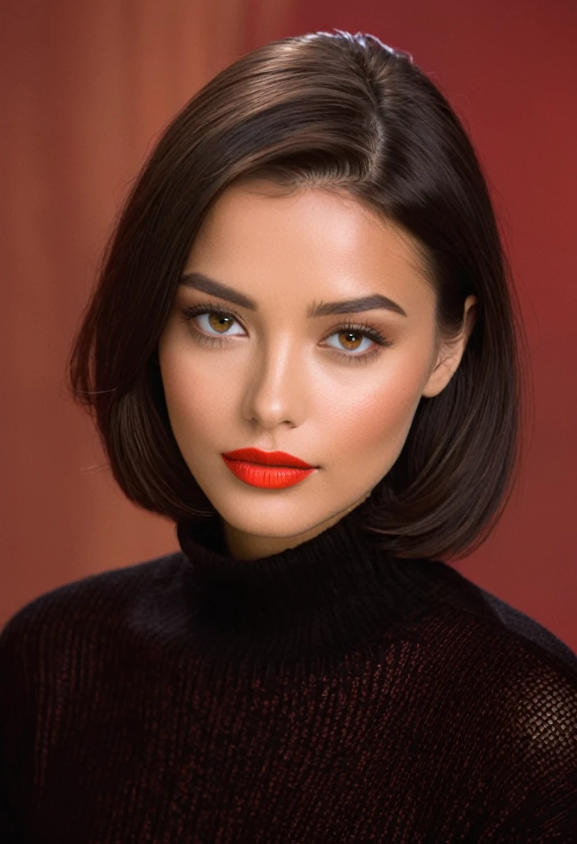 features a young individual with very tanned skin and dark hair cut slightly below the chin. (Lots of makeup, bright red lipstick:1.5) Your eyes are light in color, and they have prominent freckles on their cheeks and nose. The individual is looking directly at the viewer, displaying a neutral to subtly thoughtful expression, with the head slightly tilted. They are wearing what appears to be a dark sweater or blouse.. The background is solid, in warm tones, coral color that contrasts with the subject's dark hair and pale complexion, bringing focus to your face and expression.