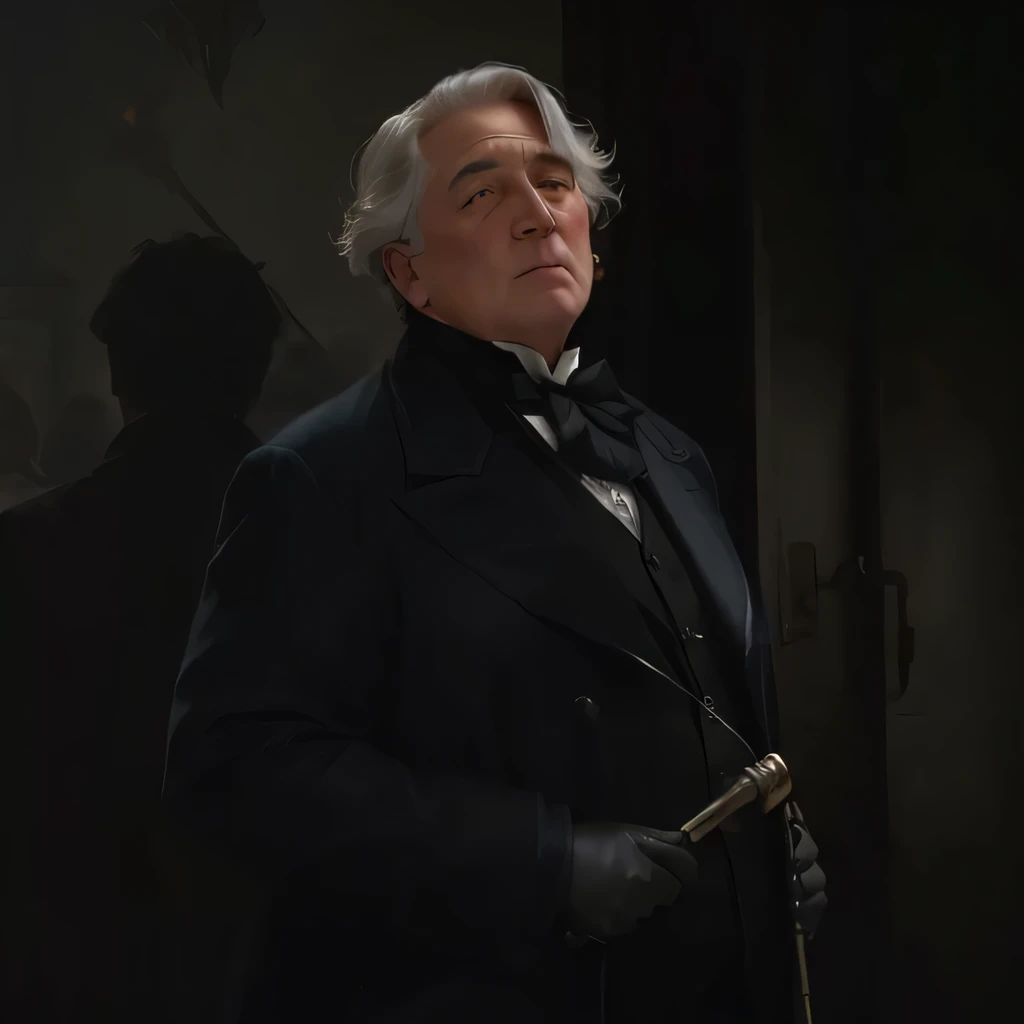 A close up of a slightly chubby older man in a coat and gloves holding a cane, He is Dorian Gray's grandfather named Kelso Gray., portrayed in a painting, that is, the image that is a realistic painting