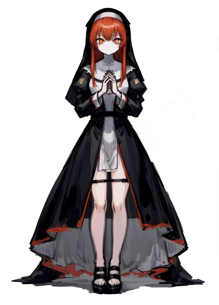 1girl, orange eyes, red hair, nun, saint, nice clothes, (high resolution, high detail, best quality), 
black background, tender
