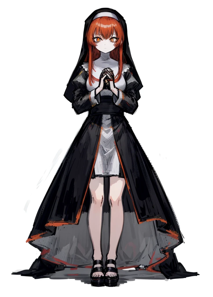 1girl, orange eyes, red hair, nun, saint, nice clothes, (high resolution, high detail, best quality),
black background, tender
