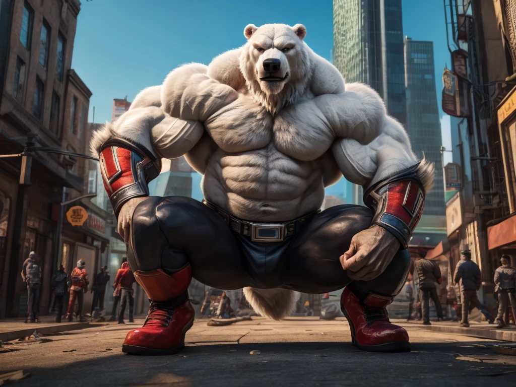 (best quality, 4k, 8k, highres, masterpiece:1.2), ultra-detailed, (realistic, photorealistic, photo-realistic:1.37), aged, powerful, muscular superhero polar bear, rugged appearance, crouch on a city, distinguished white beard, thick heavy white fur,comic book style, vibrant colors, dynamic lighting, urban landscape, skyscrapers, superhero suit, intense gaze, confident posture