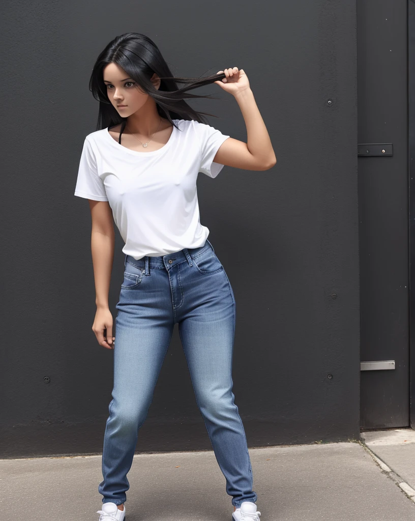 Sexy young girl with good body, black hair, long hair, dark brown eyes, black shirt, blue jeans, black and white tennis shoes,