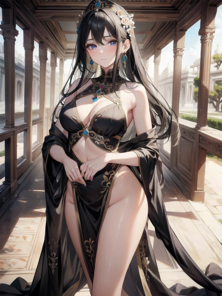 absurdres, RAW photo, extremely delicate and beautiful, masterpiece, Best Quality, ultra high resolution, 32k, hyperrealistic, ultra-detailed, delicate facial features, beautiful detailed woman, tearful mole, earring, medium breasts, full body shot, medium hair, black hair, Dunhuang Apsaras costume, Dunhuang style,