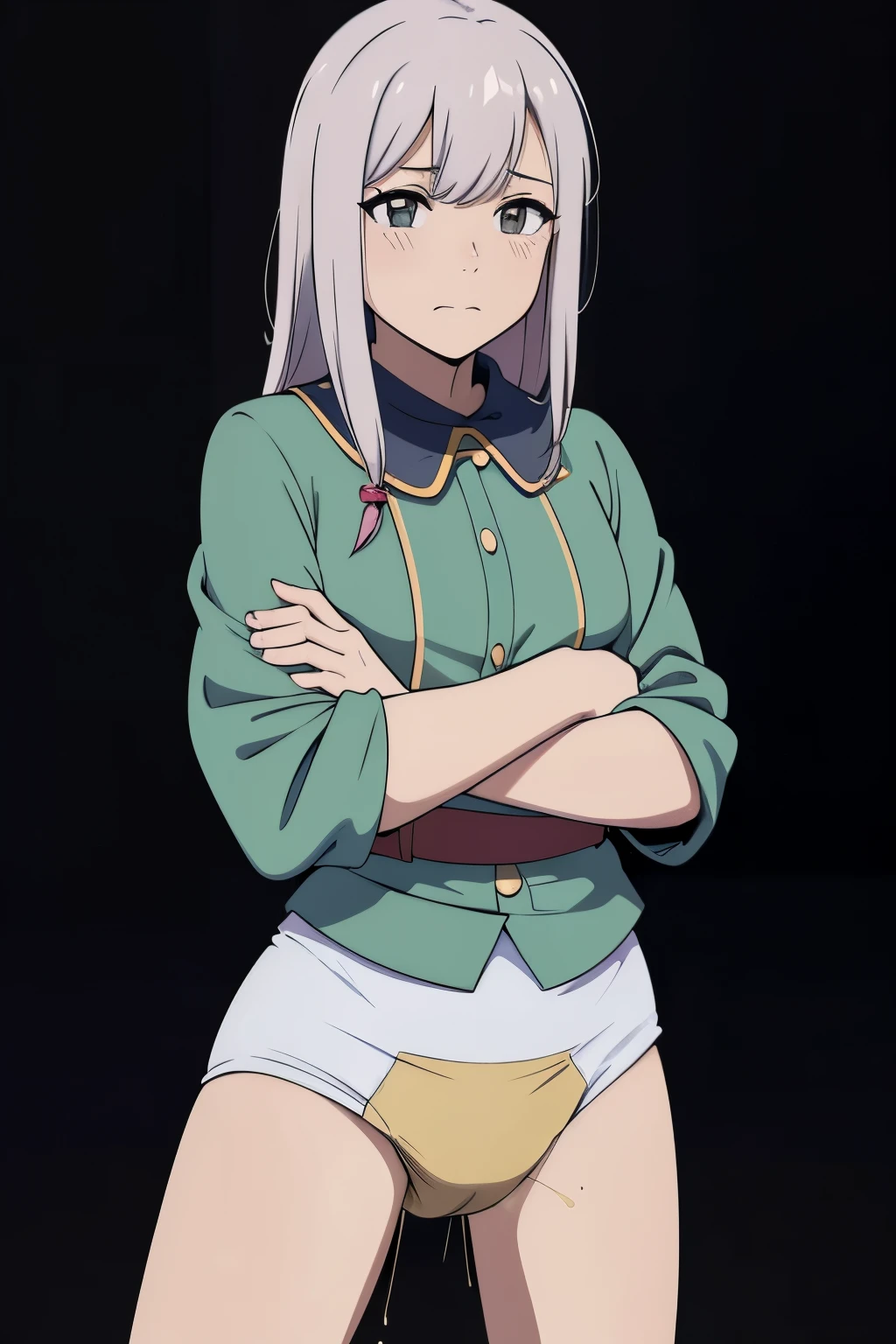 âme, faire pipi, je dois faire pipi, Anime, regarder la caméra, gêné, Rougir, tache de pipi, faire pipi, pipi jaune, larmes, pleurs, hors d'haleine, Transpiration, Pas de jupe, cheveux bleus, yeux bleus, cheveux longs, shorts en jean, les deux mains entre les jambes vue sur les fesse, tache de pipi sur les fesse, pipi coule le lôg des jambe, rougie zt pleure
