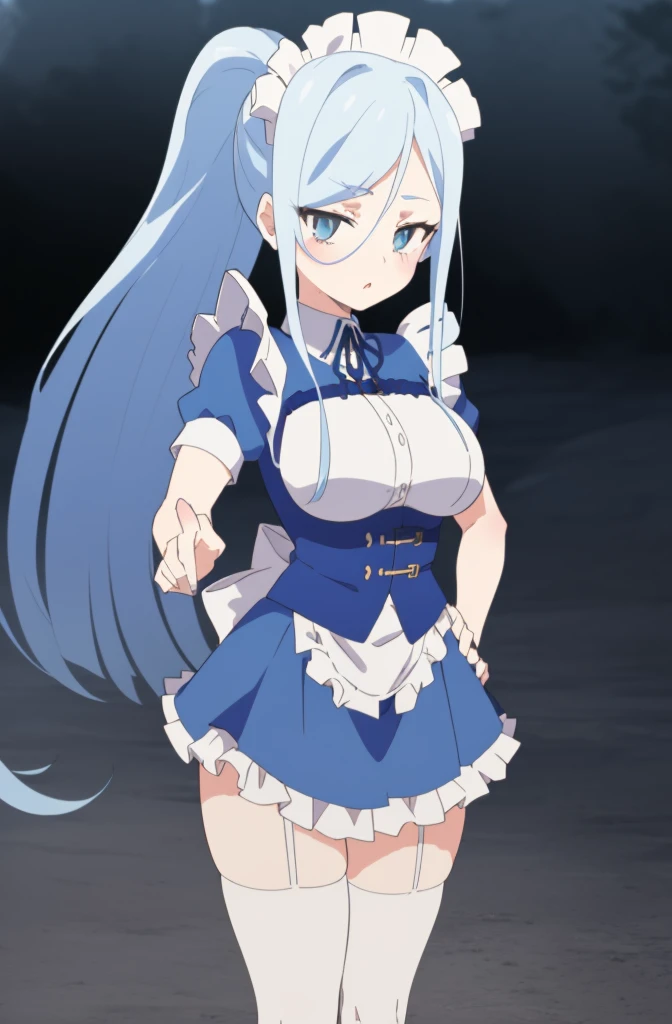 1girl, cowboy shot, 
 maid,  thighhighs,, masterpiece, best quality, highly detailed,((blue hair)),((frilled mini skirt)),((white maid clothes)),(((blue hair)),((adult)),((adult)),