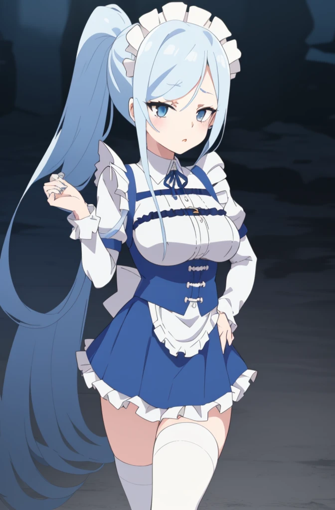 1girl, cowboy shot, 
 maid,  thighhighs,, masterpiece, best quality, highly detailed,((blue hair)),((frilled mini skirt)),((white maid clothes)),(((blue hair)),((adult)),((adult)),