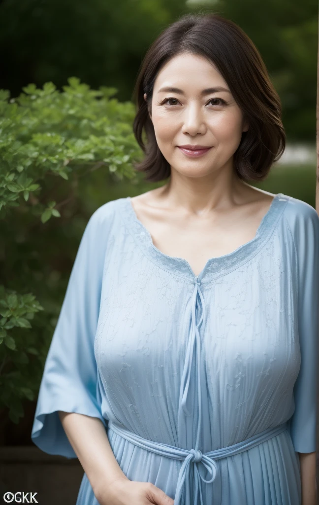 a beautiful detailed face of a 45 year old japanese mature woman, beautiful detailed lips with lip gloss, sensual expression, large breasts, wearing a light blue casual one piece, holding a garbage bag, ouside, shallow depth of field, standing outside and viewed from the side, (best quality,8k,masterpiece:1.2),ultra-detailed,(realistic,photorealistic,photo-realistic:1.37),intricate details,stunning full body portrait,dramatic lighting,cinematic,elegant, morning, Plump body shape, lines of the body