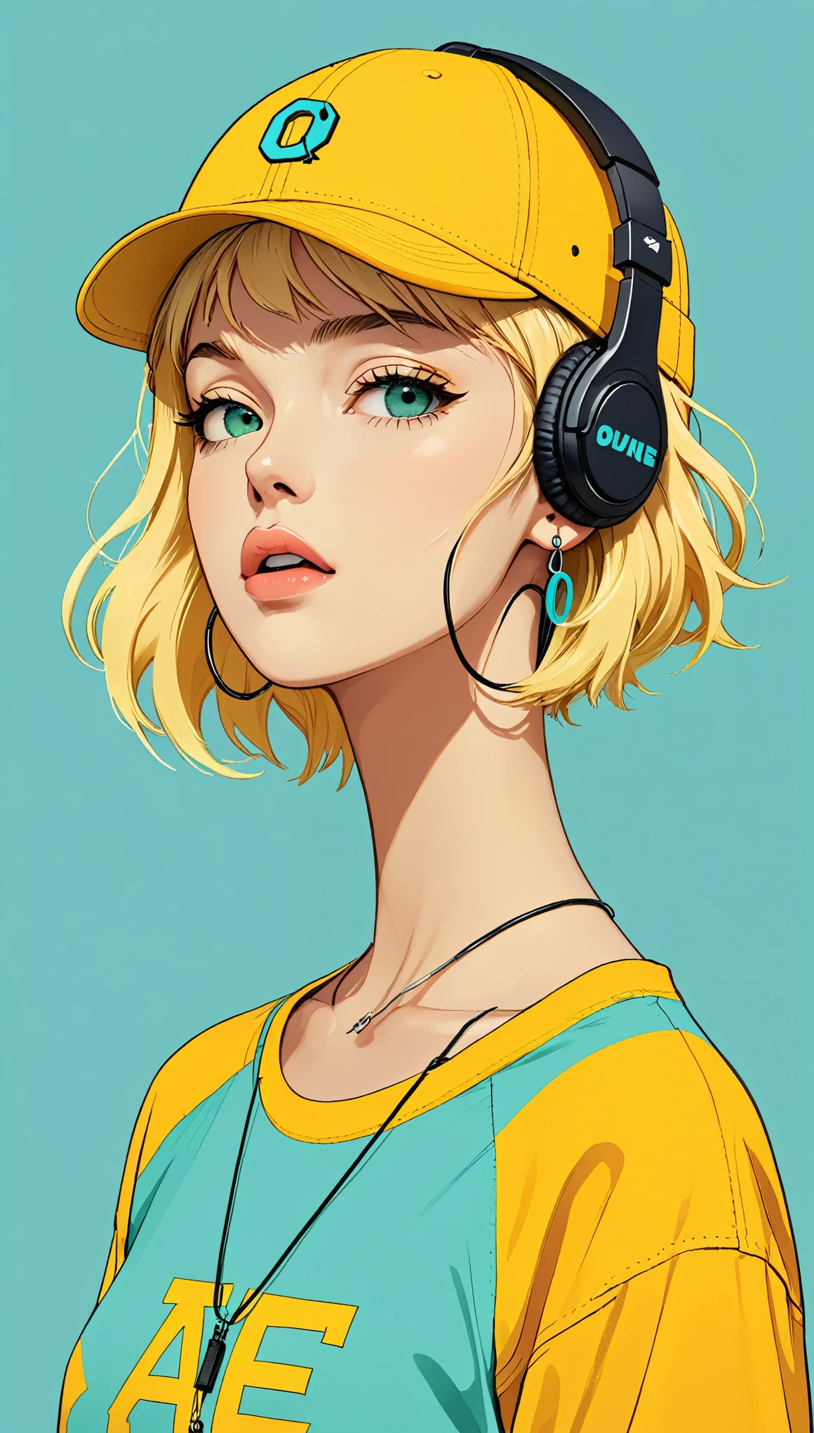 masterpiece, Highest quality, One girl, Aqua Eye, Baseball cap, Blonde, Mouth closed, Earrings, Have, hoop 、 jewelry, View your viewers, shirt, short hair, Simple Background, alone, Upper Body, yellow shirt 、Headphones