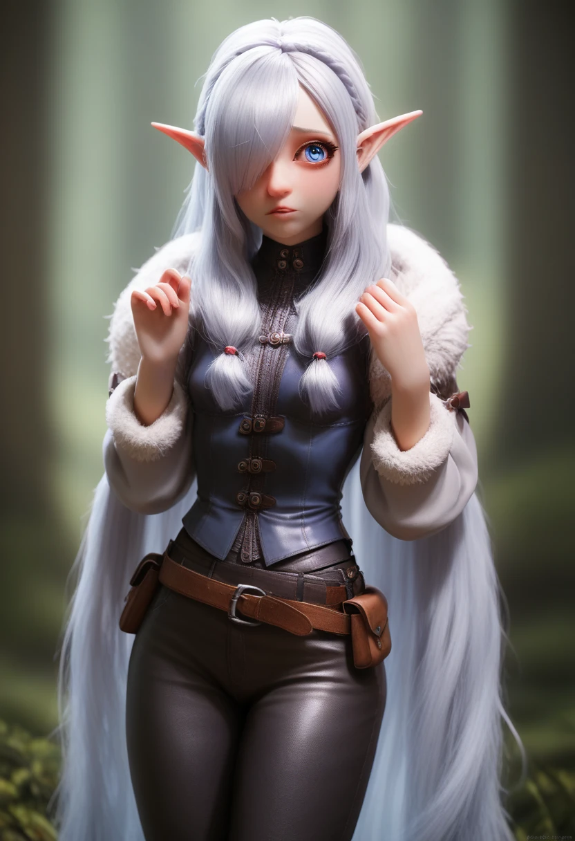 ((Best Quality)), (Masterpiece)), (Details: 1.4), Absurd Resolution, High Resolution, (Masterpiece: 1.4), Ultra Detailed, detailed gnome girl with pale skin, short stature, very long waist length silver hair that curls at the ends, covering one eye, with small breasts, pouty lips, and bright blue anime-style eyes with long lashes, wearing a corset, white puffy long sleeved shirt, and puffy cloth pants, leather bound boots, set in a windy fantasy landscape, (best quality,4k,8k,highres,masterpiece:1.2),ultra-detailed, dungeons and dragons, long elf ears, small girl, detailed skin and cloth textures, cute detailed face, intricate details, extremely detailed, 1girl, dynamic pose with hair covering one eye, shy personality, puffy cloth pants with leather belt, detailed privateer outfit, detailed buccaneer outfit, pouch on belt, wearing ornate leather armor with fur trim, silver inlay detail, wearing fur trimmed boots, wearing fur trimmed gloves, short, short height, halfing girl, small girl, very long detailed flowing hair