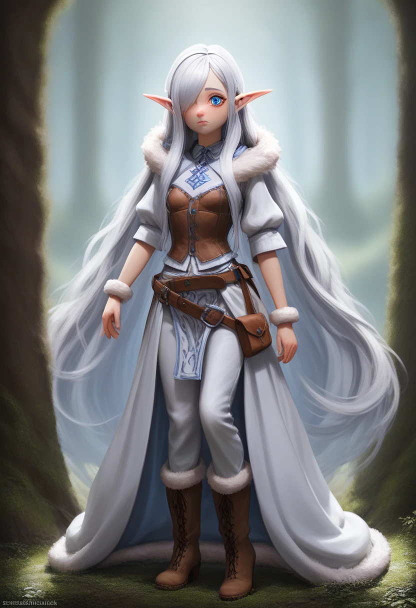 ((Best Quality)), (Masterpiece)), (Details: 1.4), Absurd Resolution, High Resolution, (Masterpiece: 1.4), Ultra Detailed, detailed gnome girl with pale skin, short stature, very long waist length silver hair that curls at the ends, covering one eye, with small breasts, pouty lips, and bright blue anime-style eyes with long lashes, wearing a corset, white puffy long sleeved shirt, and puffy cloth pants, leather bound boots, set in a windy fantasy landscape, (best quality,4k,8k,highres,masterpiece:1.2),ultra-detailed, dungeons and dragons, long elf ears, small girl, detailed skin and cloth textures, cute detailed face, intricate details, extremely detailed, 1girl, dynamic pose with hair covering one eye, shy personality, puffy cloth pants with leather belt, detailed privateer outfit, detailed buccaneer outfit, pouch on belt, wearing ornate leather armor with fur trim, silver inlay detail, wearing fur trimmed boots, wearing fur trimmed gloves, short, short height, halfing girl, small girl, very long detailed flowing hair