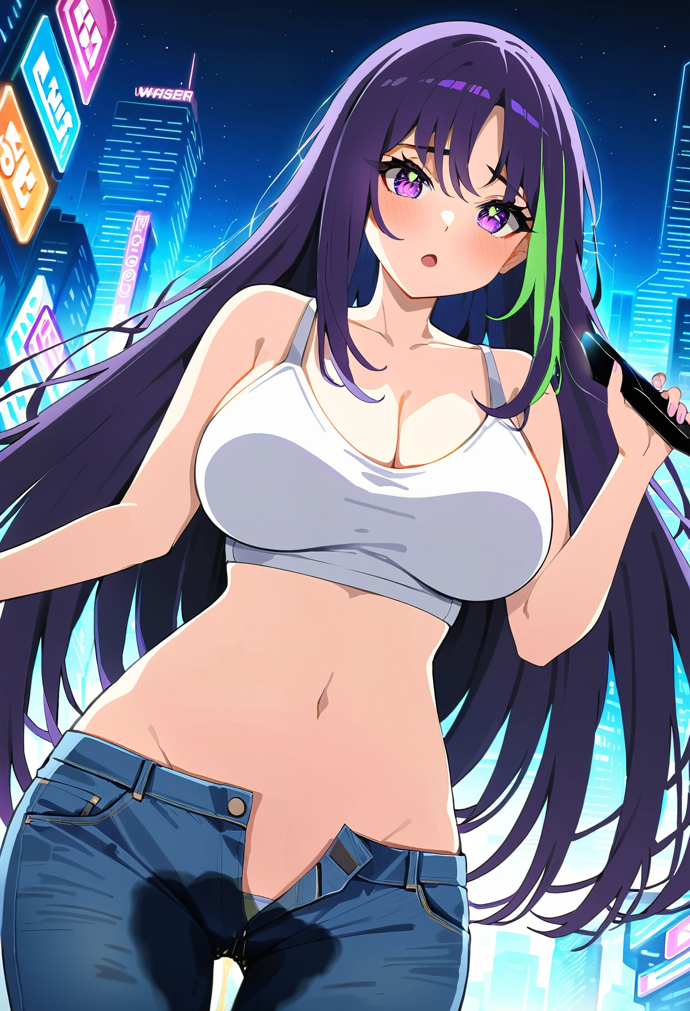 (masterpiece:1.37), best quality, (extremely detailed:1.37), woman, mature, adult, large breasts, very long hair, dark purple hair, purple eyes, (extremely detailed eyes:1.37), crop top, cleavage, navel, jeans, open fly, (groin:1.25), desperation, (wetting: self 3.0), standing, city, futuristic, neon lighting, high-tech, street