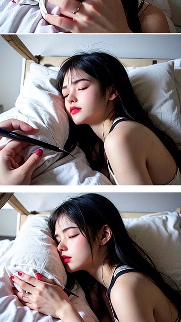 (pencil_draft:1.2, Messy lines, gray scale, traditional media, draft),1 girl,large bed, (Lie on your side), (Close your eyes.:1.8),long hair, tits,big breasts, ((draftกายเปลือยเปล่า)), close up, watch, The sun shines on the chest., detailed beautiful girl, clear details, Surrealism, About Art, Ultra HD, Anatomically correct, Awesome details, best quality,(pink lips),(red eyeshadow),