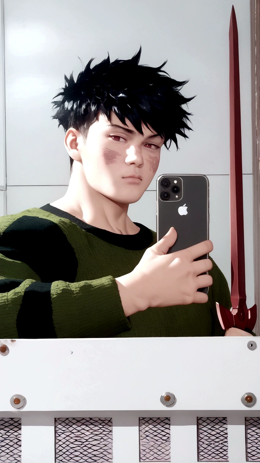 Eyes red, dark power aura , very muscular but not giant, with the physical size of an athlete, scars on the body , very similar to the reference photo and a scarlet sword in his hand 