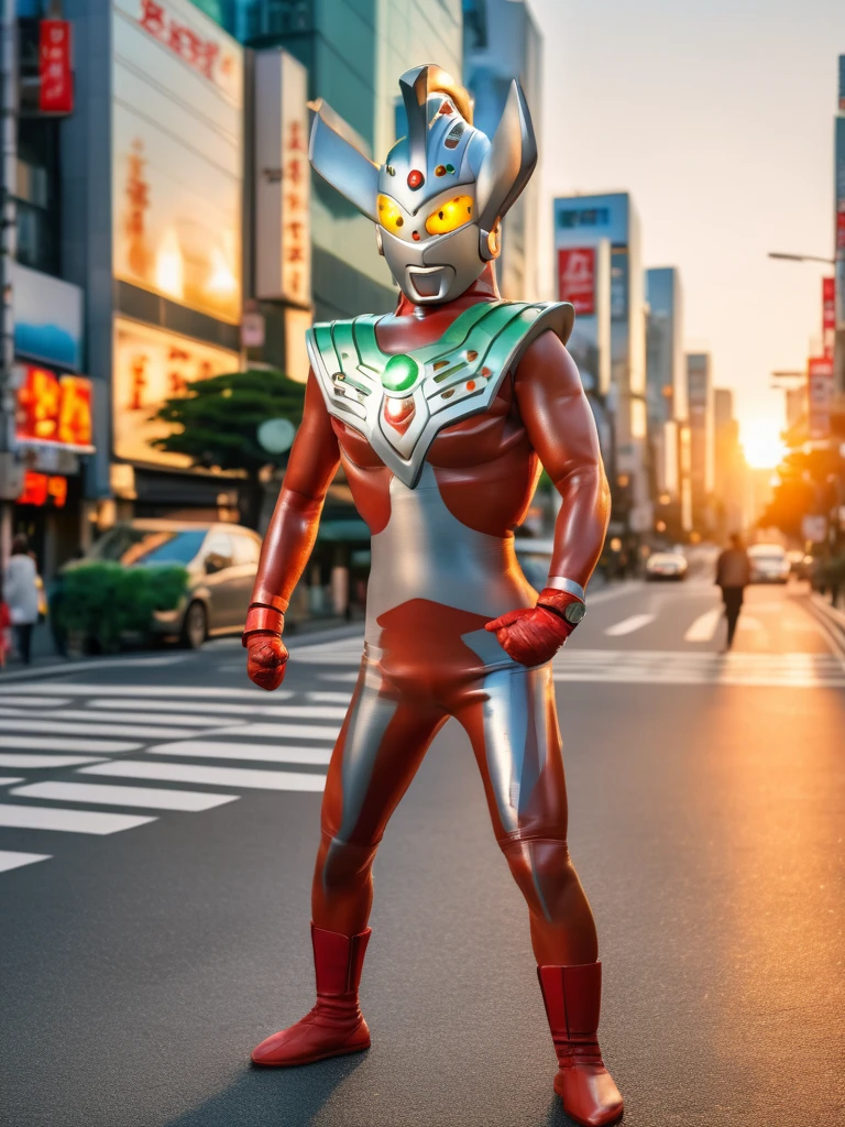 Giant superhero Ultraman Taro,standing on the streets of Tokyo at sunset, tall and slim, portrait, fighting pose, photo high quality, realistic photo, reddening at sunset, silver helmet, glass hemisphere on chest glows red, yellow eyes, forehead lamp glows green, martial arts pose, 4K
