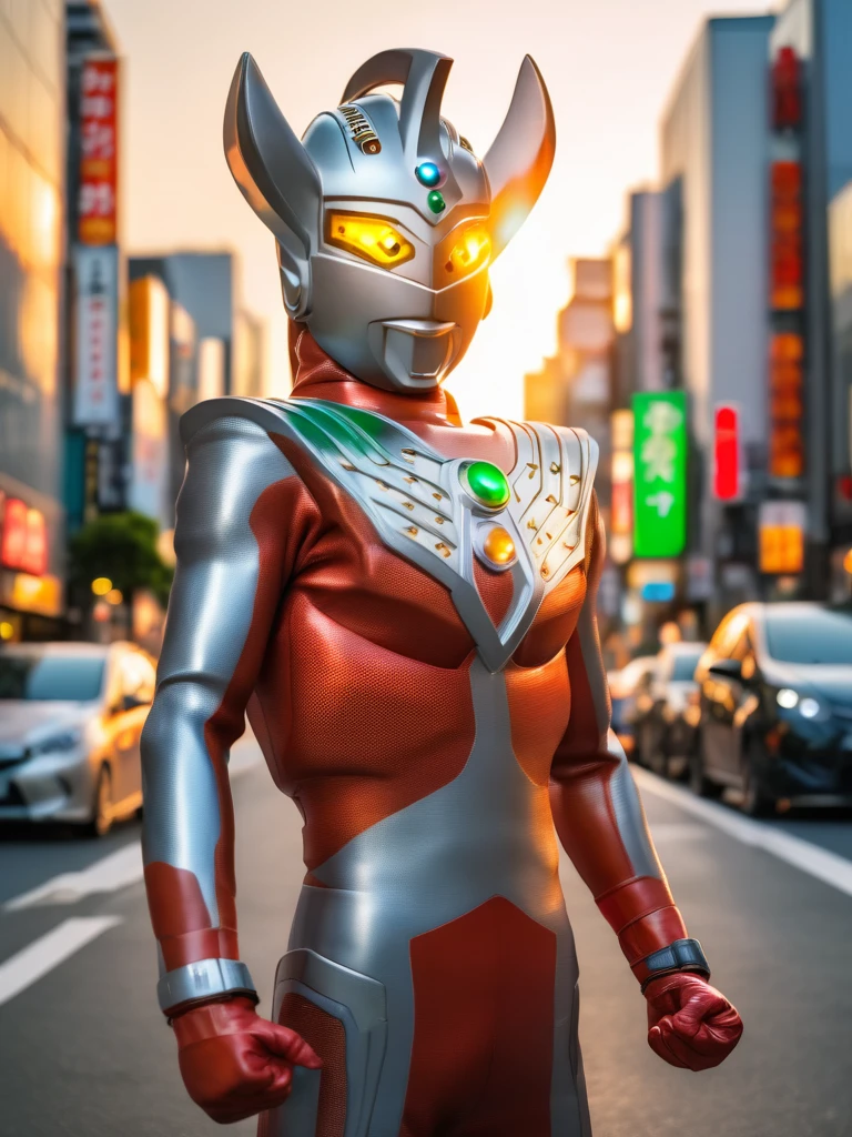 Giant superhero Ultraman Taro,standing on the streets of Tokyo at sunset, tall and slim, portrait, fighting pose, photo high quality, realistic photo, reddening at sunset, silver helmet, glass hemisphere on chest glows red, yellow eyes, forehead lamp glows green, martial arts pose, 4K
