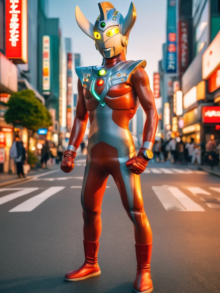 Giant superhero Ultraman Taro,standing on the streets of Tokyo at sunset, tall and slim, portrait, fighting pose, photo high quality, realistic photo, reddening at sunset, silver helmet, glass hemisphere on chest glows red, yellow eyes, forehead lamp glows green, martial arts pose, 4K
