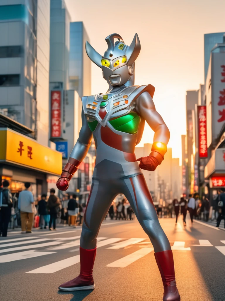 Giant superhero Ultraman Taro,standing on the streets of Tokyo at sunset, tall and slim, portrait, fighting pose, photo high quality, realistic photo, reddening at sunset, silver helmet, glass hemisphere on chest glows red, yellow eyes, forehead lamp glows green, martial arts pose, 4K
