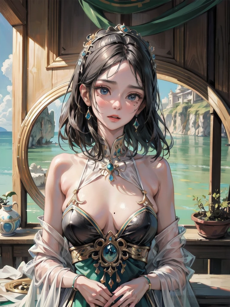 absurdres, RAW photo, extremely delicate and beautiful, masterpiece, Best Quality, ultra high resolution, 32k, hyperrealistic, ultra-detailed, delicate facial features, beautiful detailed woman, tearful mole, earring, medium breasts, full body shot, medium hair, black hair, Dunhuang Apsaras costume, Dunhuang style,