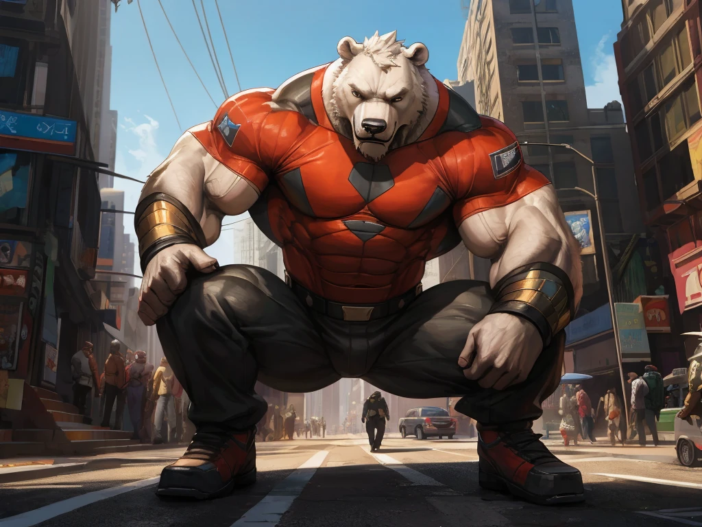 (best quality, 4k, 8k, highres, masterpiece:1.2), ultra-detailed, (realistic, photorealistic, photo-realistic:1.37), aged, powerful, muscular superhero polar bear, rugged appearance, crouch on a city, distinguished white beard, thick heavy white fur,comic book style, vibrant colors, dynamic lighting, urban landscape, skyscrapers, superhero suit, intense gaze, confident posture
