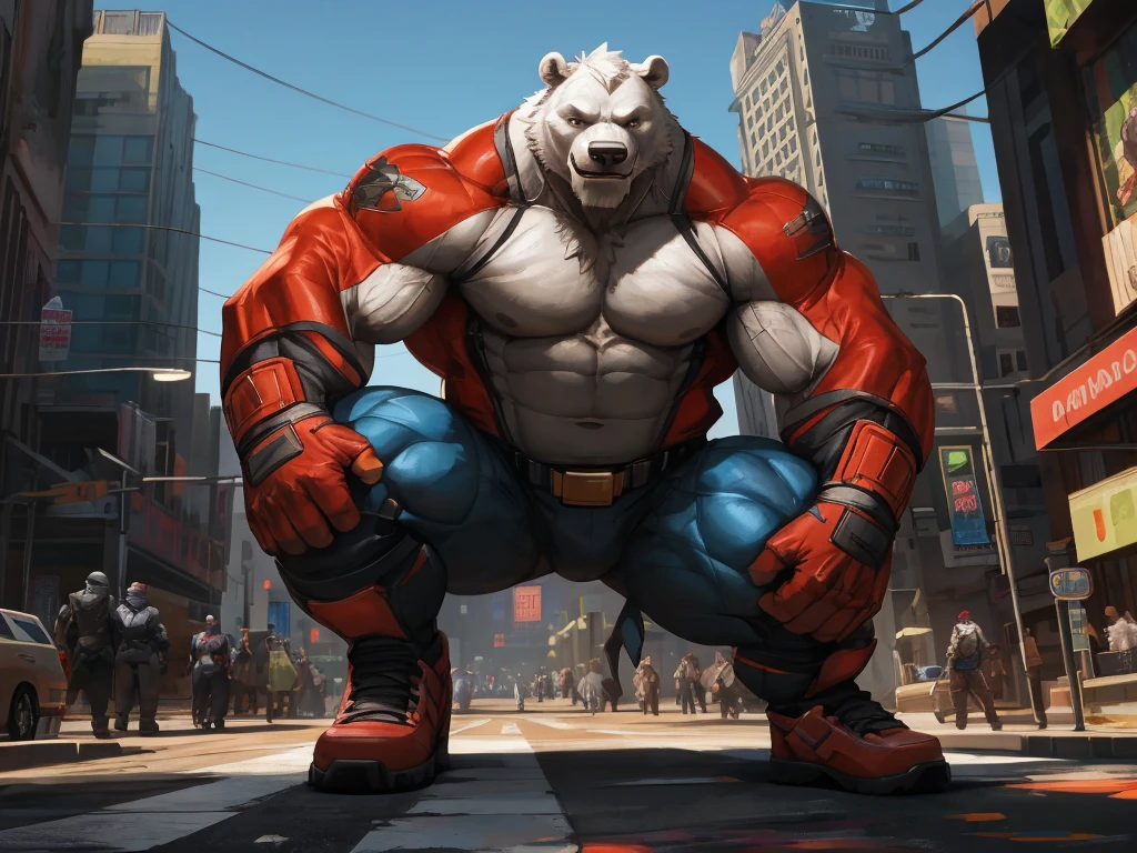 (best quality, 4k, 8k, highres, masterpiece:1.2), ultra-detailed, (realistic, photorealistic, photo-realistic:1.37), aged, powerful, muscular superhero polar bear, rugged appearance, crouch on a city, distinguished white beard, thick heavy white fur,comic book style, vibrant colors, dynamic lighting, urban landscape, skyscrapers, superhero suit, intense gaze, confident posture