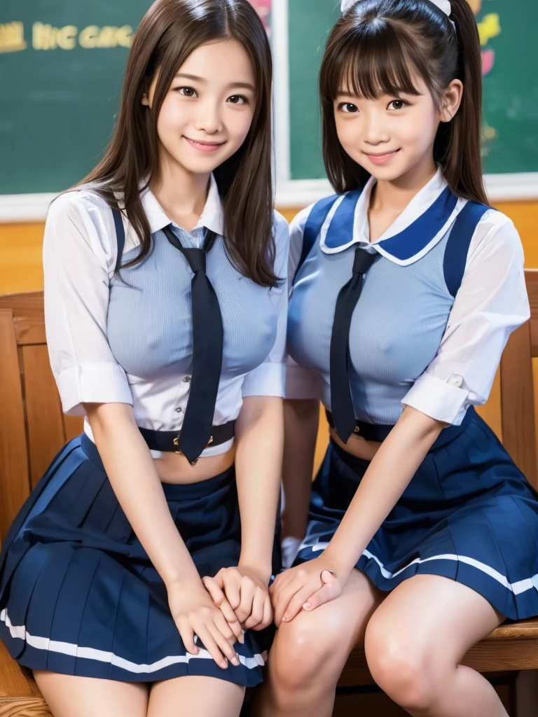 Highest quality、masterpiece、8K、Very detailed、Realistic、(Young face:1.4)、(Looks like an elementary school kid:1.4)、(Two girls are sitting side by side)、(Looking at me with a mischievous smile)、whole body、(Big Breasts)、Thin and beautiful legs、Tight and slim waist、(Waitress uniform with buttons and collar:1.2)、(Light blue plaid mini skirt:1.1)、Short Hair、(Erect nipples:1.1)