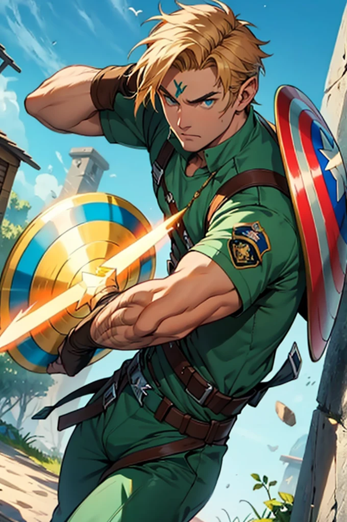 Create 2d sprites of a hero, at various angles, he will be a mix of Captain America from Marvel Comics with Link from The Legend of Zelda game series, he uses long sword and shield, He has a mysterious mark on his arm that turns out to be the key to using the Artifact of Harmony., he wears a green combat uniform, Coraggioso, determined, fair, but sometimes impetuous, 16K, best qualityer, fully body!