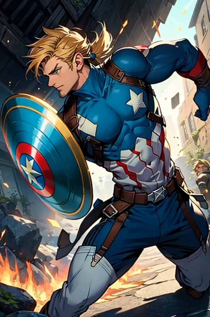 Create 2d sprites of a hero, at various angles, he will be a mix of Captain America from Marvel Comics with Link from The Legend of Zelda game series, he uses long sword and shield, He has a mysterious mark on his arm that turns out to be the key to using the Artifact of Harmony., he wears a green combat uniform, Coraggioso, determined, fair, but sometimes impetuous, 16K, best qualityer, fully body!