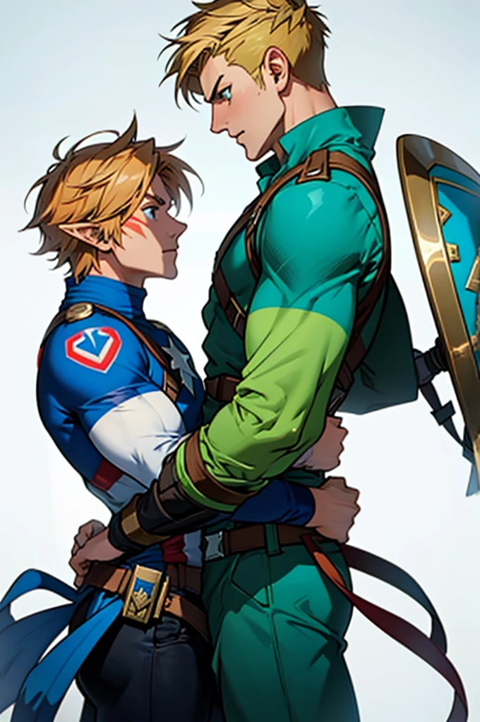 Create 2d sprites of a hero, at various angles, he will be a mix of Captain America from Marvel Comics with Link from The Legend of Zelda game series, he uses long sword and shield, He has a mysterious mark on his arm that turns out to be the key to using the Artifact of Harmony., he wears a green combat uniform, Coraggioso, determined, fair, but sometimes impetuous, 16K, best qualityer, fully body!