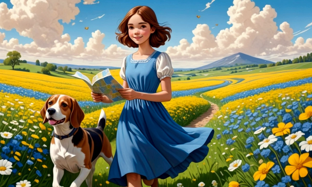 Draw a young woman with brown hair and a blue dress. She happily crossing a field of flowers . In one hand he has a map. Next to her is a brown and white beagle.