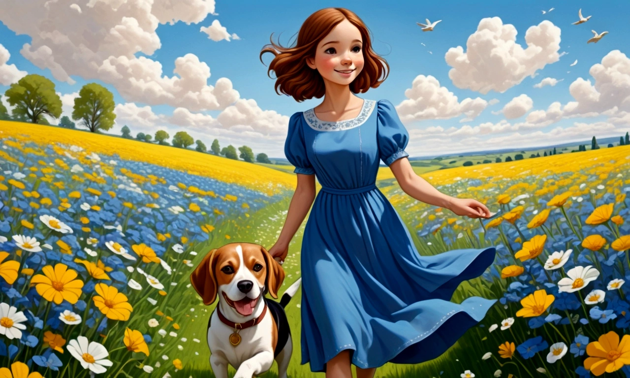 Draw a young woman with brown hair and a blue dress. She happily crossing a field of flowers . In one hand he has a map. Next to her is a brown and white beagle.