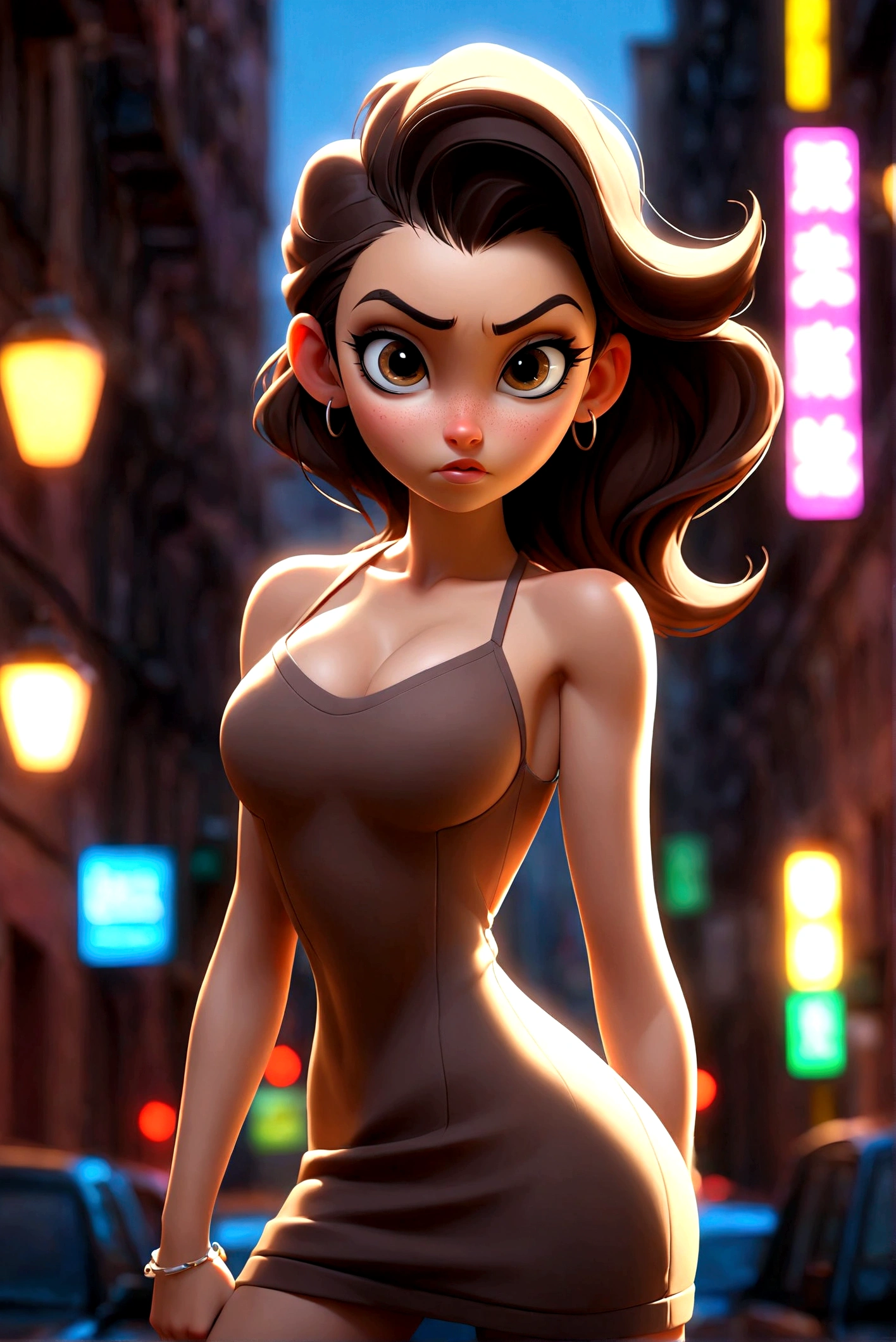 (Best Quality, 1 girl, full body shot, standing,bare breasts, changing lighting, neon lights background, city street, Beautiful detailed eyes, dark brown hair, High ponytail)
