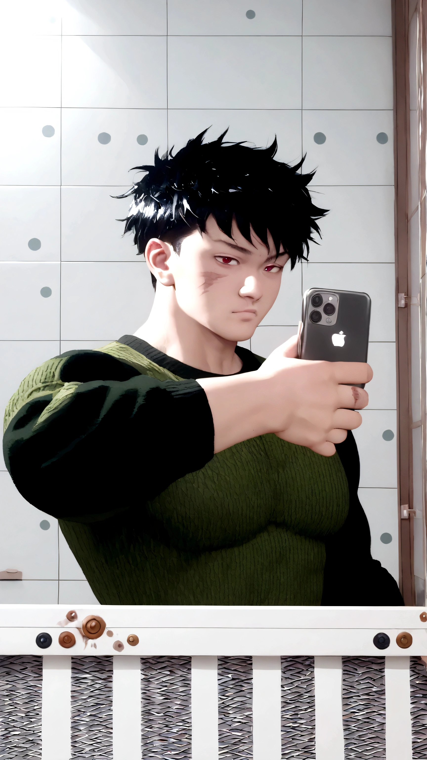 Eyes red, dark power aura , very muscular but not giant, with the physical size of an athlete, scars on the body , very similar to the reference photo and a scarlet sword in his hand