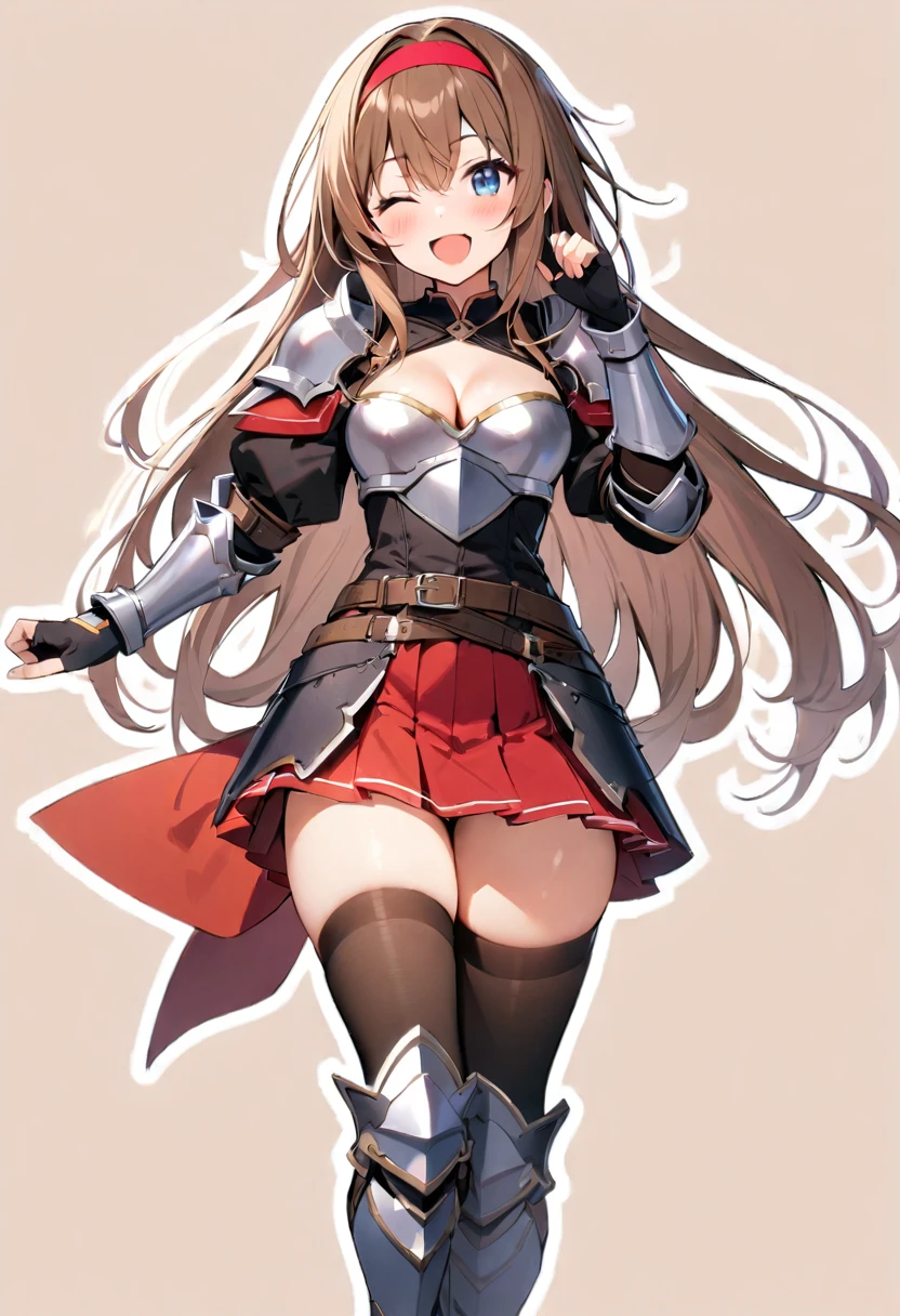 masterpiece, best quality, 1girl, solo, one-eye-closed, armor, thighhighs, skirt, brown-hair, blue-eyes, breasts, open-mouth, cleavage, smile, black-thighhighs, full-body, hairband, boots, medium-breasts, armored-boots, gloves, fingerless-gloves, ;d, pleated-skirt, greaves, shoulder-armor, belt, looking-at-viewer, pauldrons, simple-background, zettai-ryouiki, very-long-hair, gauntlets, breastplate, red-hairband, black-gloves, outline, standing, blush, armored-dress
