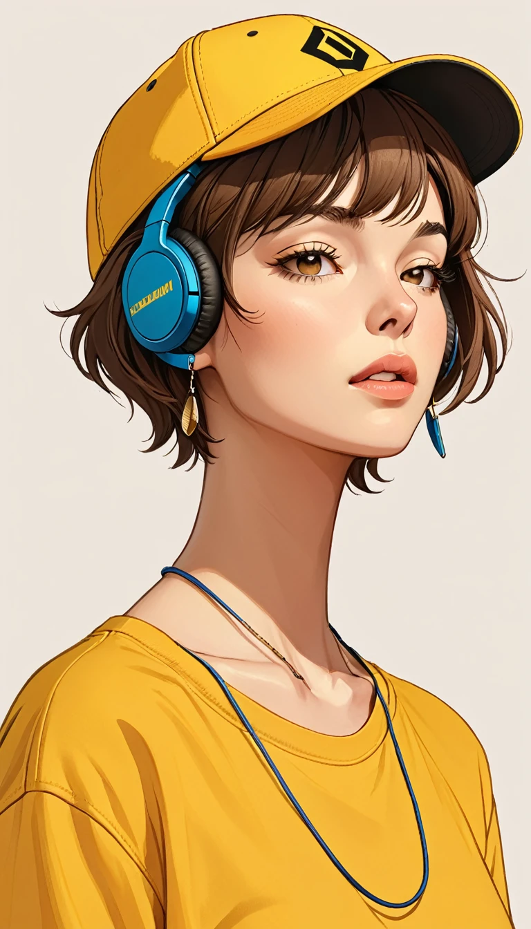 masterpiece, Highest quality, One girl,Baseball cap, Brown Hair, Mouth closed, Earrings, Have, hoop 、 jewelry, View your viewers, shirt, short hair, Simple Background, alone, Upper Body, yellow shirt 、Headphoneoderate bust、German descent、