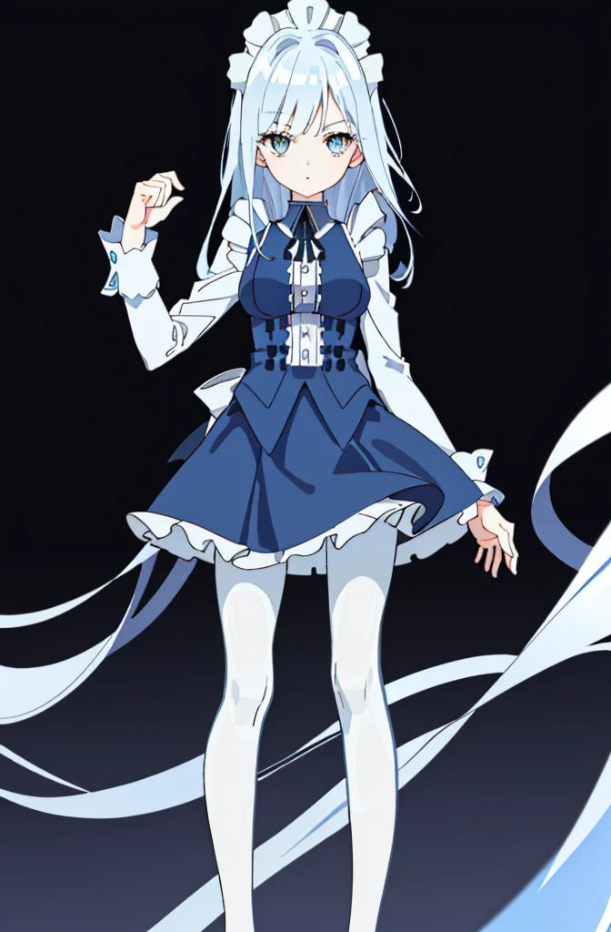1 girl! Ray tracing, best shadows, high resolution (dim lighting) blue hair, plump and slender girl, (girl wearing white shirt, black wrinkled skirt, with black transparent pantyhose), showing a delicate slim figure and graceful curves, correctly positioned and reasonable limbs! facial details! Delicate facial features, pay attention to the position details of the legs! Pay attention to hand details! High quality! More eligible! Reduce errors, ultra-detailed CG, more reasonable picture! Delicate finger detailing,((blue medium hair)),((White Maid Costume)),blue eyes,((whole body)),whole body,