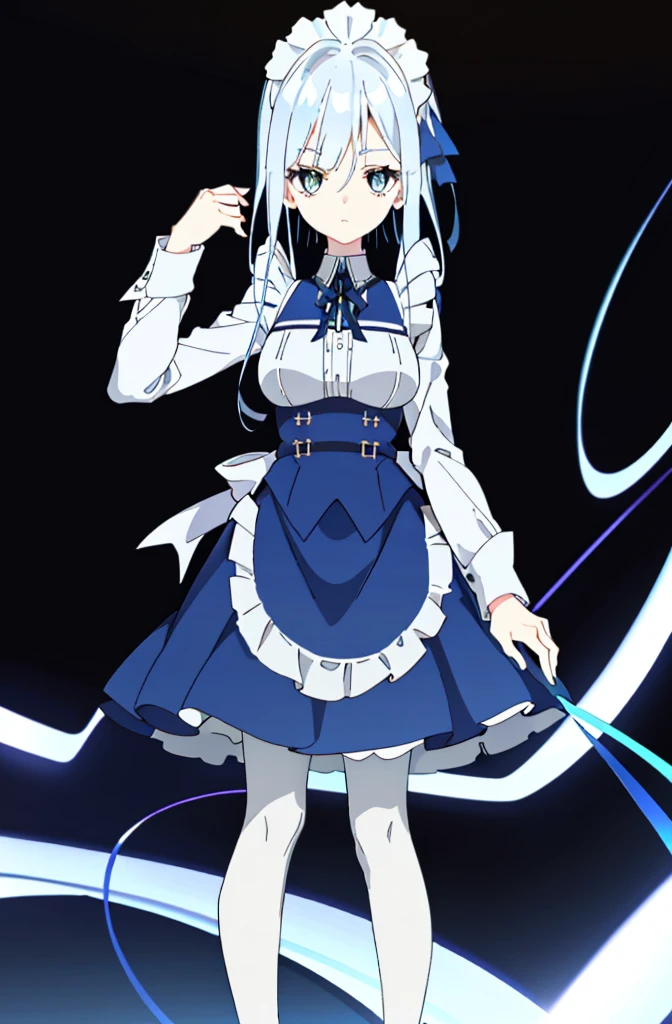 1 girl! Ray tracing, best shadows, high resolution (dim lighting) blue hair, plump and slender girl, (girl wearing white shirt, black wrinkled skirt, with black transparent pantyhose), showing a delicate slim figure and graceful curves, correctly positioned and reasonable limbs! facial details! Delicate facial features, pay attention to the position details of the legs! Pay attention to hand details! High quality! More eligible! Reduce errors, ultra-detailed CG, more reasonable picture! Delicate finger detailing,((blue medium hair)),((White Maid Costume)),blue eyes,((whole body)),whole body,
