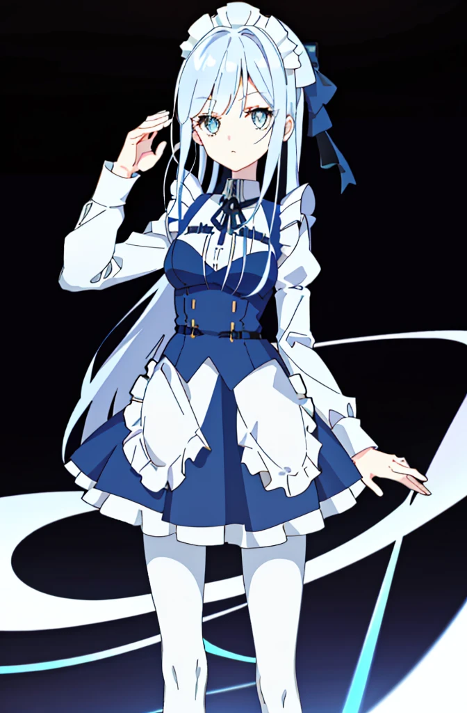 1 girl! Ray tracing, best shadows, high resolution (dim lighting) blue hair, plump and slender girl, (girl wearing white shirt, black wrinkled skirt, with black transparent pantyhose), showing a delicate slim figure and graceful curves, correctly positioned and reasonable limbs! facial details! Delicate facial features, pay attention to the position details of the legs! Pay attention to hand details! High quality! More eligible! Reduce errors, ultra-detailed CG, more reasonable picture! Delicate finger detailing,((blue medium hair)),((White Maid Costume)),blue eyes,((whole body)),whole body,