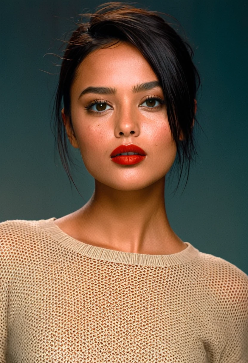 features a young individual with very tanned skin and dark hair cut slightly below the chin. Lots of makeup, dark red lipstick:1.ur eyes are light in color, and they have prominent freckles on their cheeks and nose. The individual is looking directly at the viewer, displaying a neutral to subtly thoughtful expression, with the head slightly tilted. They are wearing what appears to be a dark sweater or blouse.. The background is solid, in warm tones, coral color that contrasts with the subject's dark hair and pale complexion, bringing focus to your face and expression.