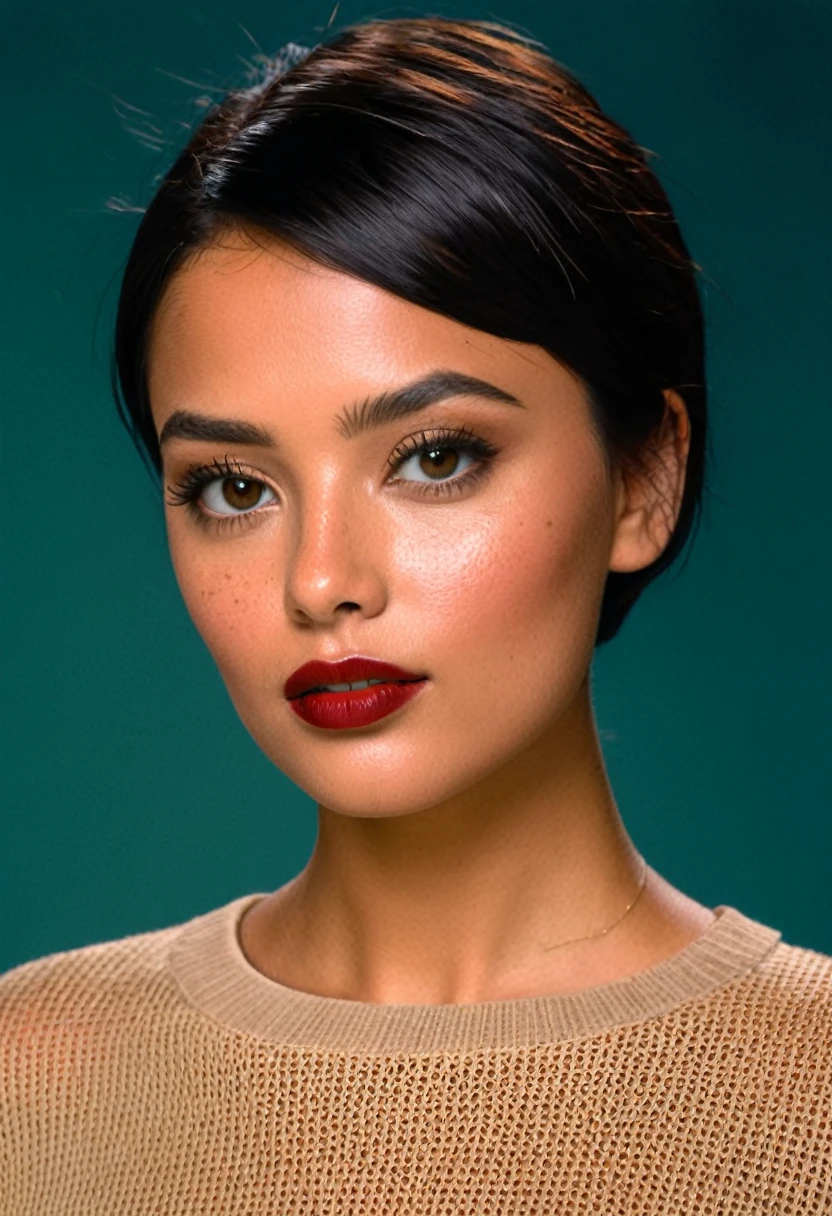 features a young individual with very tanned skin and dark hair cut slightly below the chin. Lots of makeup, dark red lipstick:1.1 Your eyes are light in color, and they have prominent freckles on their cheeks and nose. The individual is looking directly at the viewer, displaying a neutral to subtly thoughtful expression, with the head slightly tilted. They are wearing what appears to be a dark sweater or blouse.. The background is solid, in warm tones, coral color that contrasts with the subject&#39;s dark hair and pale complexion, bringing focus to your face and expression.