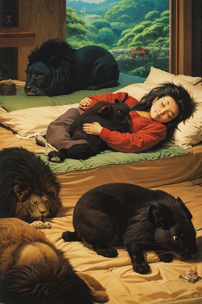 An old Akira Toriyama-style painting of a black rabbit and a lion sleeping side by side