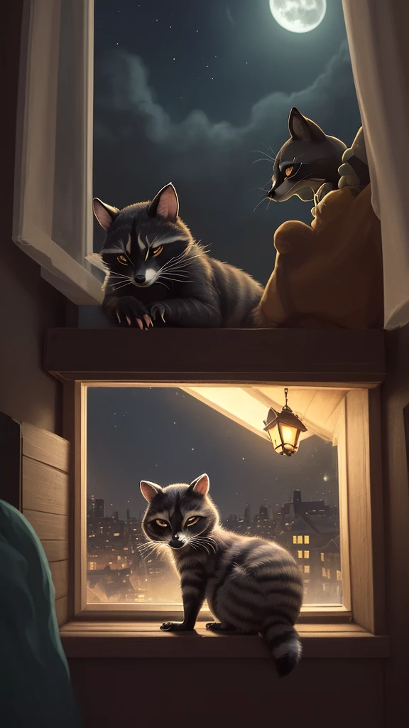 A collection of pictures about the story of Milo, a mischievous cat who lives in a comfortable house in a quiet suburb. He decides to go on a night adventure while his owners are asleep.. He slides through an open window and explores the moonlit neighborhood, discovering a different world where shadows play and nocturnal creatures appear..
While wandering, Milo meets a group of stray cats near an old oak tree. Although they are wary of him at first, a mischievous black cat named Felix recognizes Milo's courage and invites him to explore secret paths in the neighborhood that only stray cats know.. Melio enthusiastically agrees and follows Felix.
Together, they jump over fences, cross gardens, and sneak through alleys. Along the way, Milo discovers the hidden beauty of his neighborhood and learns from the various nocturnal creatures they meet – a wise owl, a crafty raccoon, and even a family of curious possums.. Each encounter gives Milo interesting information about the night.
As dawn approaches, Felix leads Milo to the highest rooftop in the neighborhood. From there, they watch the sunrise together, as the sky turns pink and orange. It was an enchanting sight, something Milo had never seen from his inner window.
Milo felt the early morning chill and knew it was time to go home. He thanked Felix for the unforgettable adventure and hurried back before his companions woke up. He slid back through the window and curled himself up in his favorite spot, purring happily.
His nightly adventure filled his heart with wonder and a new appreciation for the world around him. He fell asleep, dreaming of the next night's adventure.