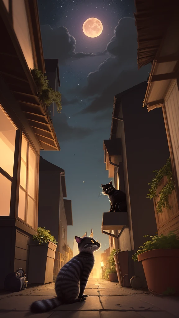 A collection of pictures about the story of Milo, a mischievous cat who lives in a comfortable house in a quiet suburb. He decides to go on a night adventure while his owners are asleep.. He slides through an open window and explores the moonlit neighborhood, discovering a different world where shadows play and nocturnal creatures appear..
While wandering, Milo meets a group of stray cats near an old oak tree. Although they are wary of him at first, a mischievous black cat named Felix recognizes Milo's courage and invites him to explore secret paths in the neighborhood that only stray cats know.. Melio enthusiastically agrees and follows Felix.
Together, they jump over fences, cross gardens, and sneak through alleys. Along the way, Milo discovers the hidden beauty of his neighborhood and learns from the various nocturnal creatures they meet – a wise owl, a crafty raccoon, and even a family of curious possums.. Each encounter gives Milo interesting information about the night.
As dawn approaches, Felix leads Milo to the highest rooftop in the neighborhood. From there, they watch the sunrise together, as the sky turns pink and orange. It was an enchanting sight, something Milo had never seen from his inner window.
Milo felt the early morning chill and knew it was time to go home. He thanked Felix for the unforgettable adventure and hurried back before his companions woke up. He slid back through the window and curled himself up in his favorite spot, purring happily.
His nightly adventure filled his heart with wonder and a new appreciation for the world around him. He fell asleep, dreaming of the next night's adventure.