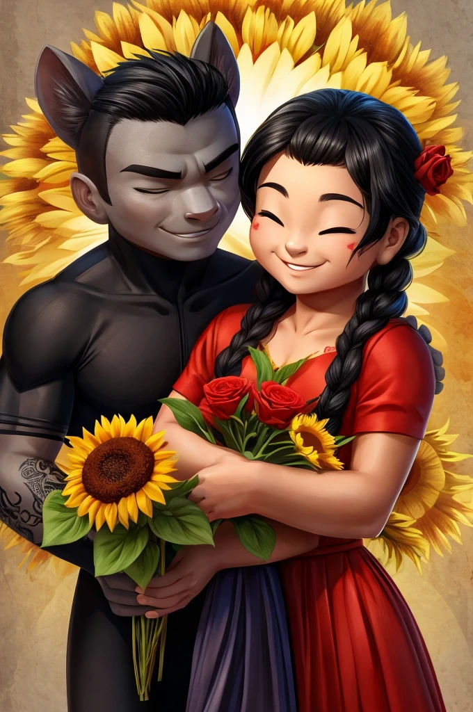 On a simple and clean background, Pucca y Long se encuentran uno frente al otro. Long, with his characteristic black ninja suit, He has some visible gray in his black hair and has several visible tattoos on his arms and neck.. With a serene and loving expression, He gives a bouquet of sunflowers to Pucca.

Pucca, with her usual red dress, shows an expression of joy and love while receiving the sunflowers. Al igual que Long, He also has tattoos on his arms., and her black hair is still tied up in her characteristic buns, but with slight touches of gray indicating its age. Both characters are represented in their 40-year-old version, but maintaining the essence of his youth and his eternal love 