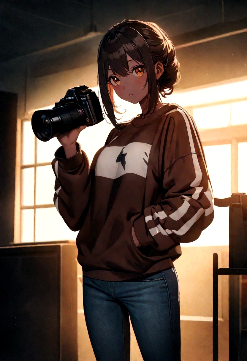 mikaylademaiterlora wearing a sweatshirt and jeans, looking at viewer, standing, full body shot, (high detailed skin:1.2), 8k uhd, dslr, soft lighting, high quality, film grain, Fujifilm XT3 