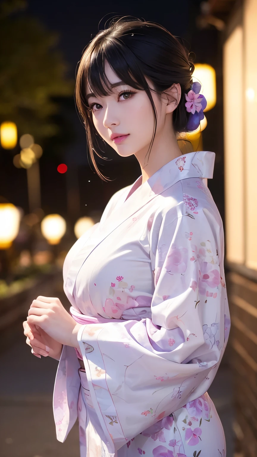 (logo、masterpiece、8K、Tabletop、RAW Photos、wonderful、最high quality、フォトリアリスティックでVery detailedな CG 複合 8K 壁紙、high quality、Very detailed、Narrative poem、Particle Effects、Dynamic Effects、Depth of the Boundary、Cinematic Light、Lens flare、Ray Tracing)、 (One beautiful woman wearing a yukata、White yukata、Light purple pattern)、Black-haired、High definition skin、Very fine、Fine skin texture、Beautiful Face、True Face、Beautiful details in the eyes、Realistic eyes、Beautifully detailed eyes、Realistic Skin、Beautiful Skin、Surreal、Smiling Eyes、Hair and light eyes、vivid、Colorful lights and bokeh、plump lower lip、Pink Lips、Hair flutters in Wind、Hair bounces、wonderful景色、night、evening、Wind、moonlight、moonlight、light