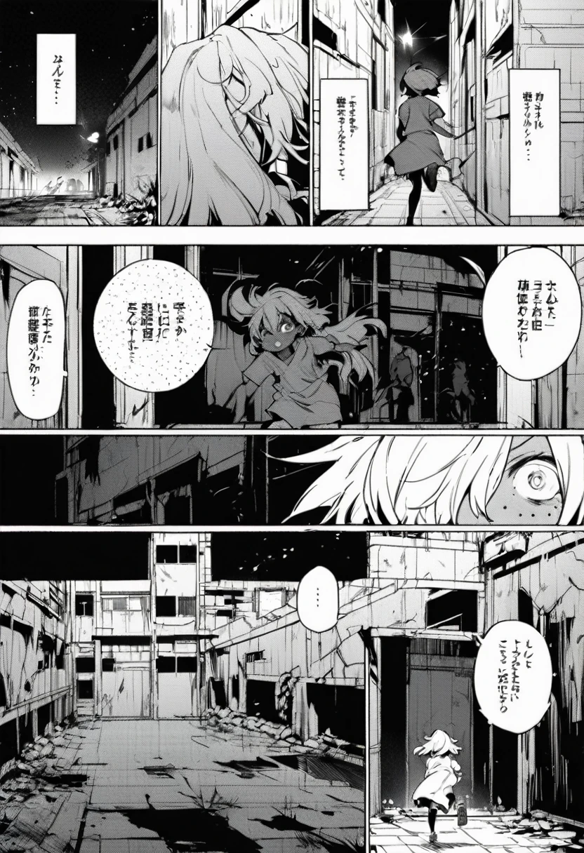 best quality , monochrome, lineart, 1girl, 10 years old, full body, long messy dark hair, tan skin, freckles, fearful eyes, sprinting through a dark hallway, wearing an old, dirty,ripped hospital gown, intense , abandoned hospital background, night, wide shot, oldest, comic